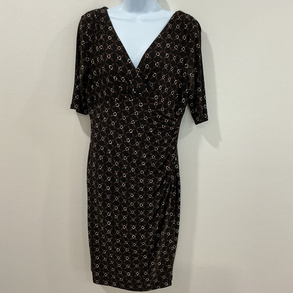 Lauren Ralph Lauren Dress Women 10 Black Equestrian Chain Print Faux Wrap V Neck